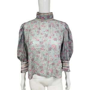 LOVESHACKFANCY Light Blue Printed Floral High Neck Bow Accent Blouse Shirt S